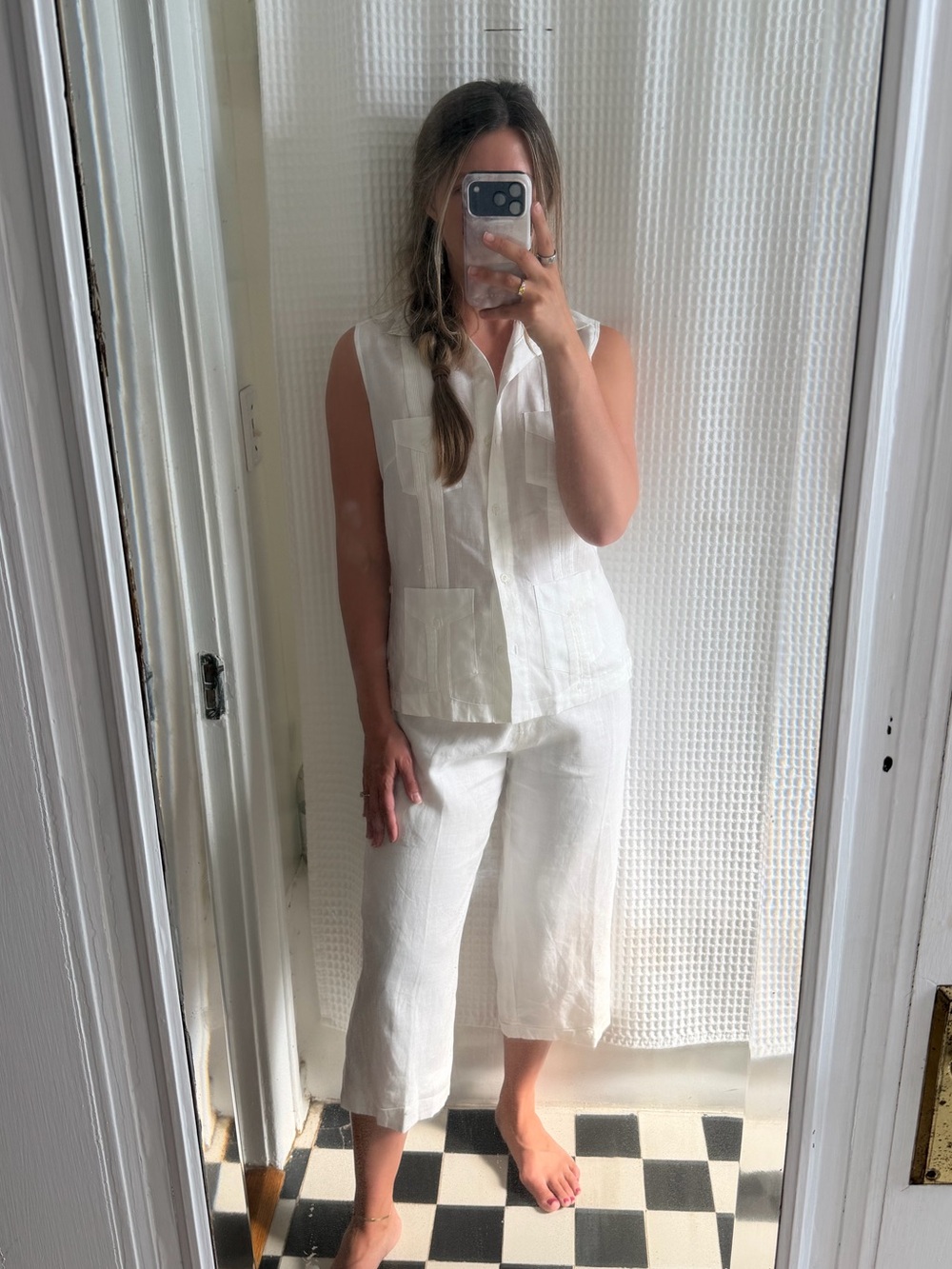 Women's White Linen Cropped Pants & Shirt Set